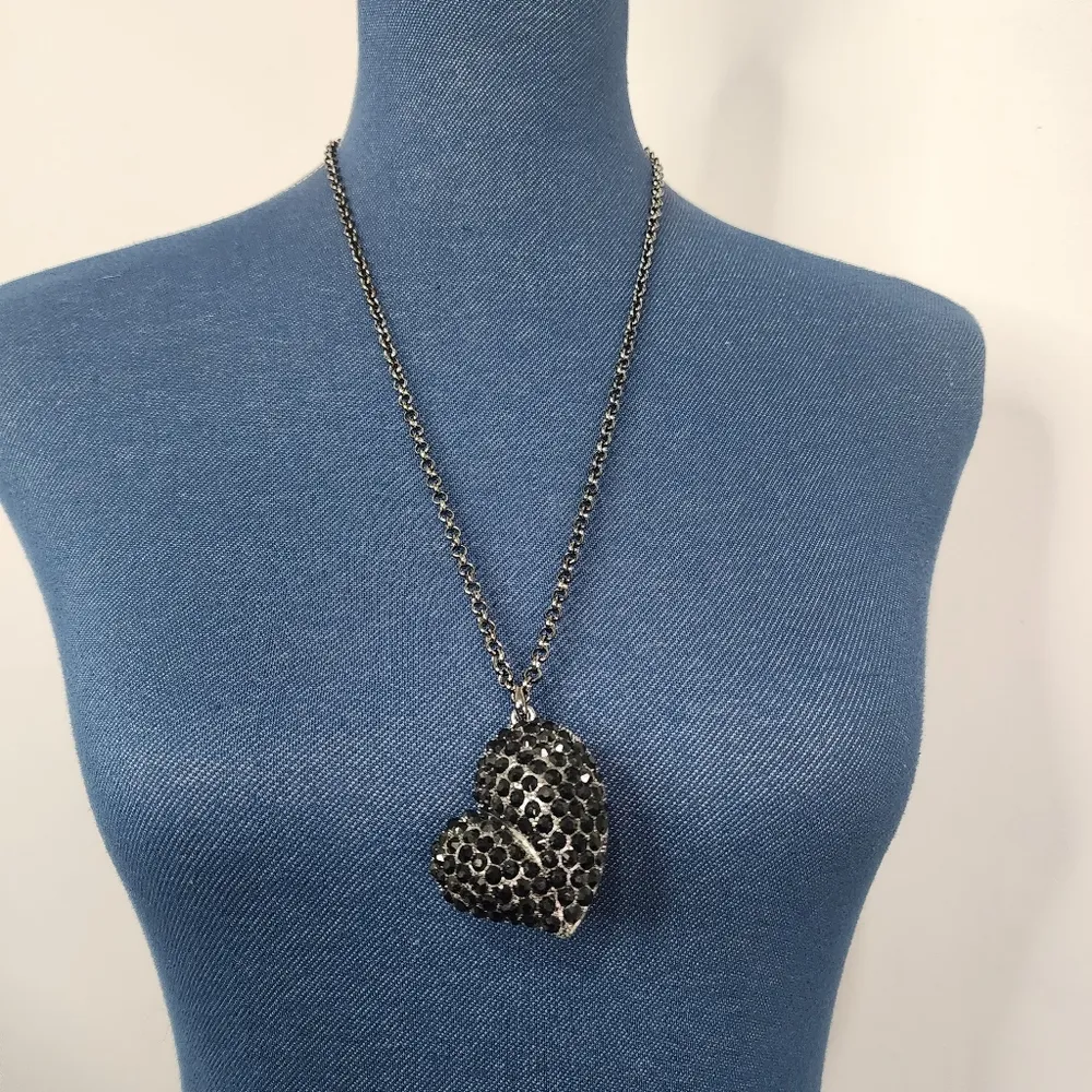 Large Black Puffy Heart with Crystals Pendant and Earrings Set New - Image 2