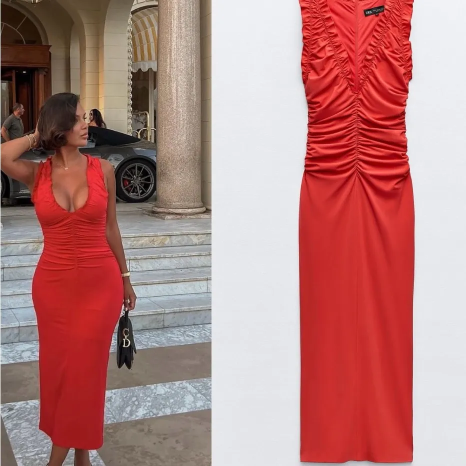 NWT Zara red sleeveless scrunched bodycon dress size XSMALL - Image 2