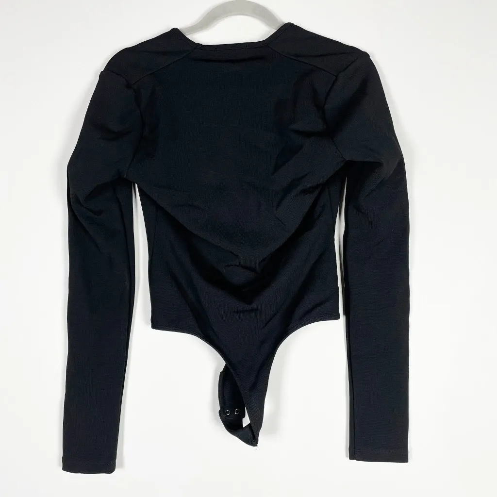 Agolde Zena Deep V Ribbed Knit Stretch Long Sleeve Bodysuit One Piece Black M - Image 2