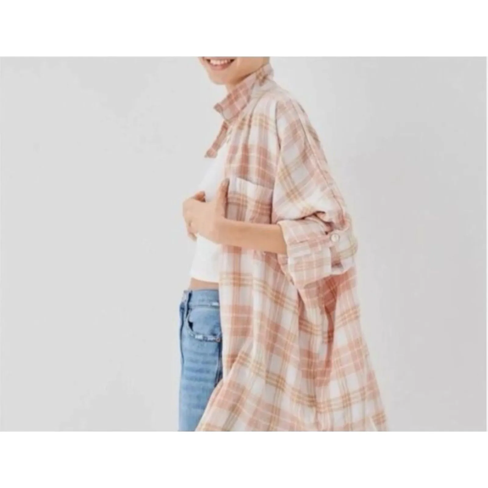 AE Oversized Plaid Linen Blend Button Up Shirt Rolled Sleeve Casual Top Sz XS Pink - Image 8