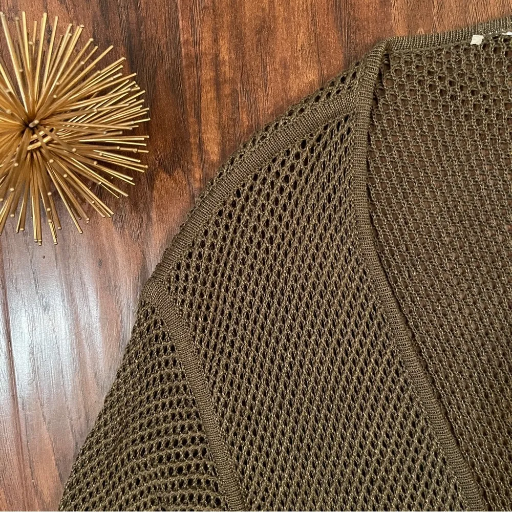 Open Knit Open Front Olive Green Long Cardigan Sweater Size M - Image 6