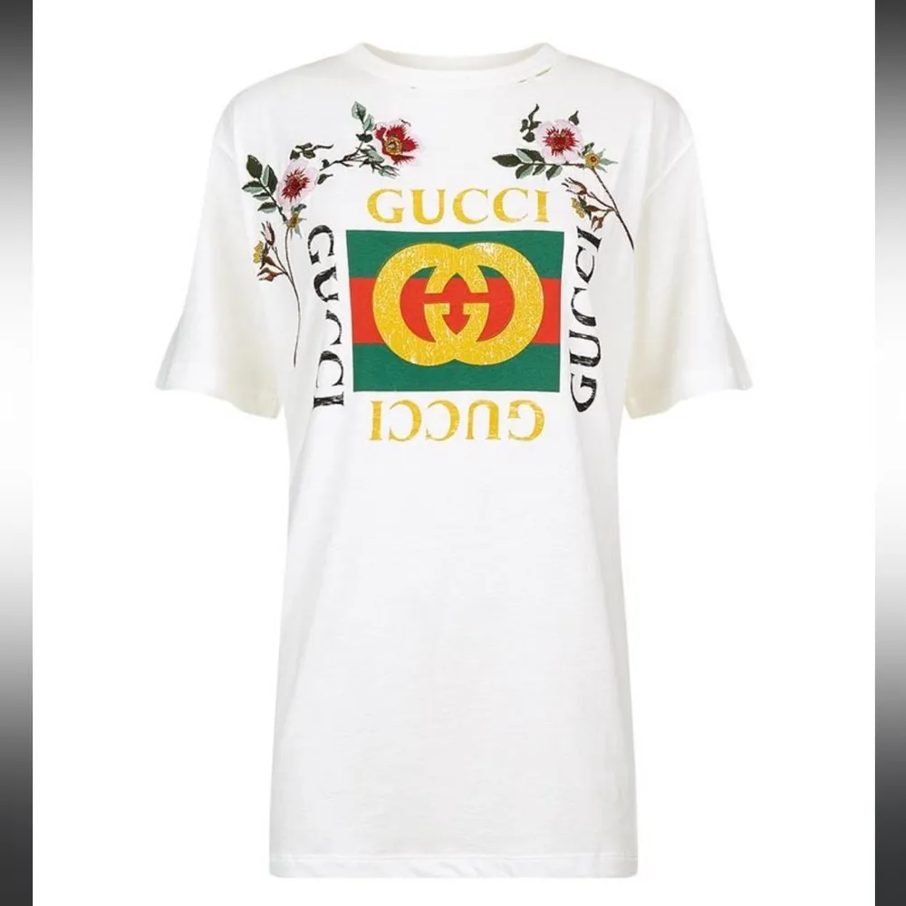 Gucci Floral-Embroidered Logo Distressed Cotton T-Shirt - Image 9
