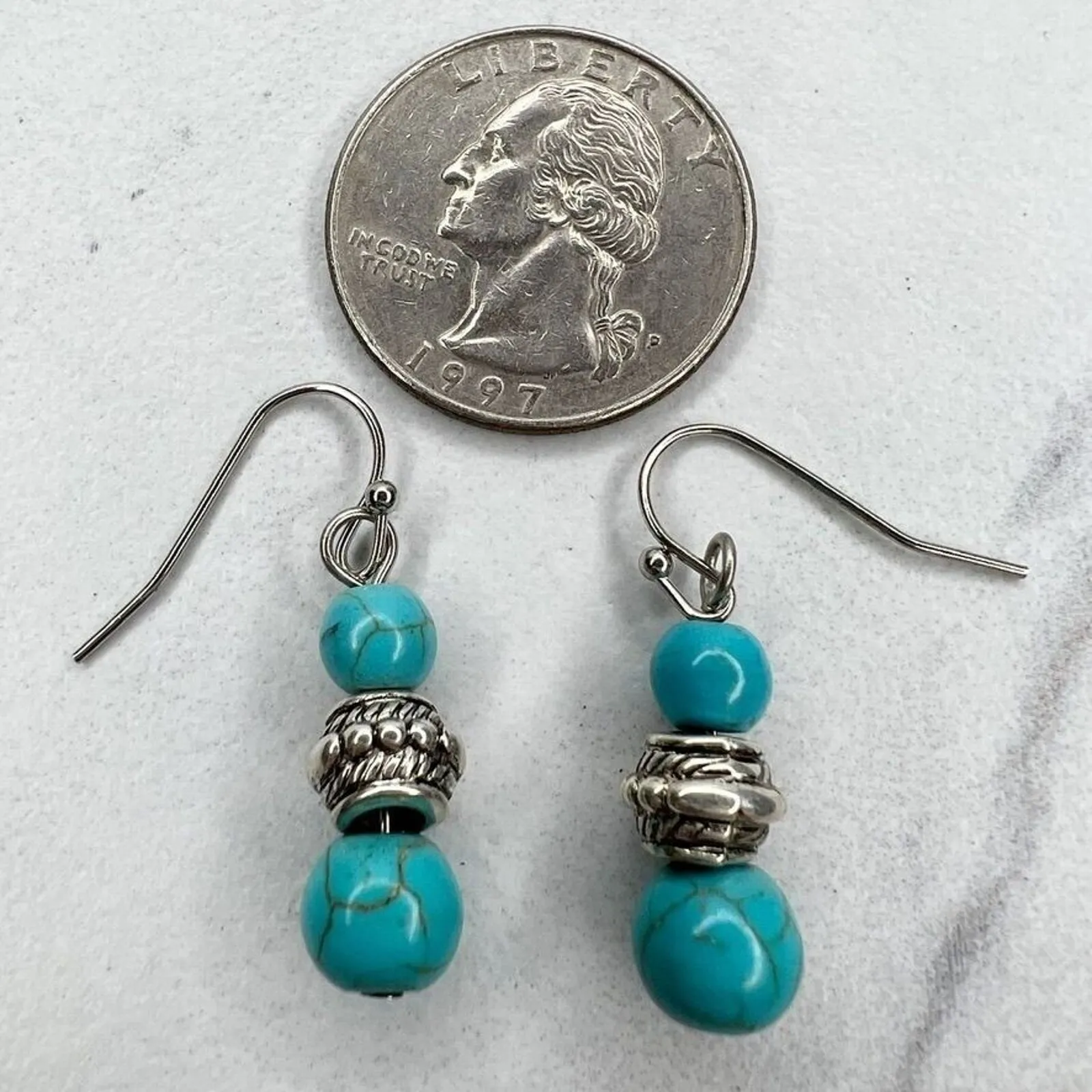 Silver Tone Faux Turquoise Beaded Dangle Earrings Pierced Pair - Image 2