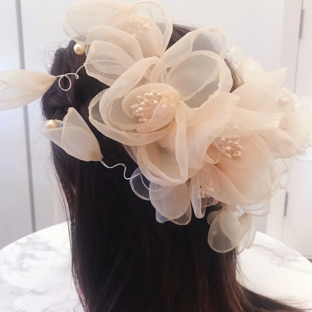 Bridal Wedding Prom Birthday Cream Large Chiffon Floral Hairpins Headpiece - Image 3