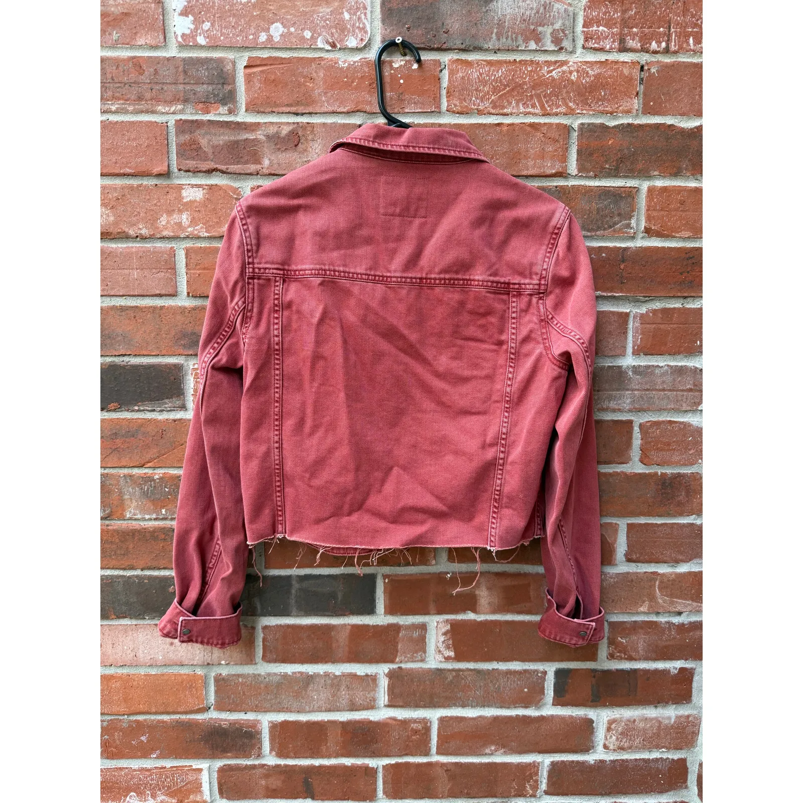 PAIGE Cropped Denim Jacket Red Raw Hem Women’s Medium - Image 5