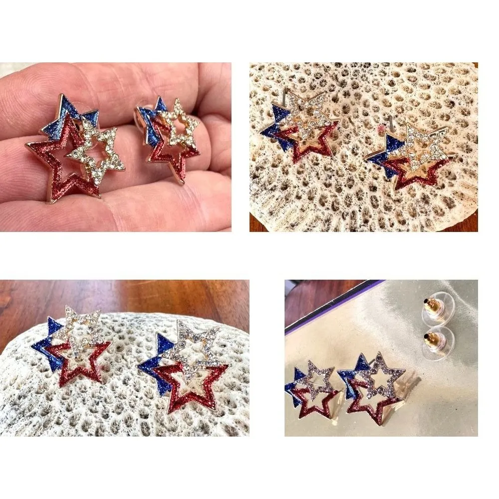 Patriotic Star Earrings Crystals Posts July 4th, Veterans Memorial Labor… Red - Image 9