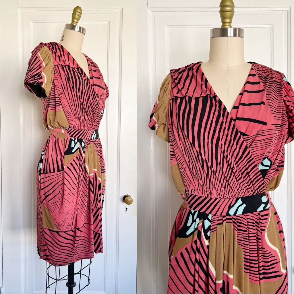 Tibi • Faux Wrap Jersey Dress red graphic tropical print draped knit cocktail - Image 6