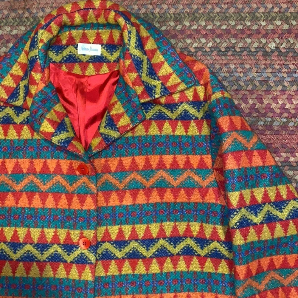 VINTAGE NEIMAN MARCUS WOOL GEOMETRIC PATTERN BLANKET COAT COWBOY - Image 2