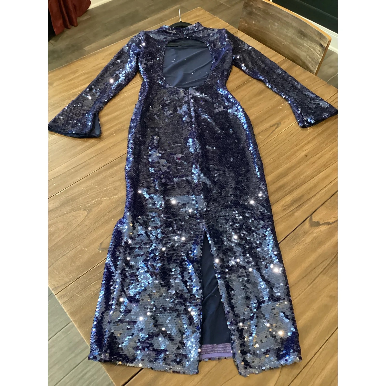 SELF PORTRAIT back cutout sequin long sleeve Open Back blue midi dress size 0 - Image 5