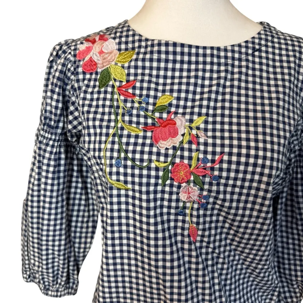 Melissa Paige Blue White Gingham Embroidered Blouse Puff Sleeves Small Petite - Image 3