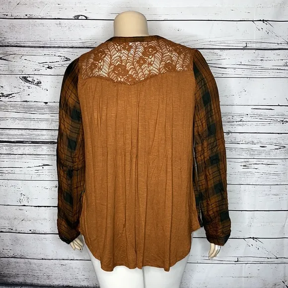 Knox Rose Size XXL Brown & Black Plaid - Brown Floral Lace Button Down Shirt Top - Image 2
