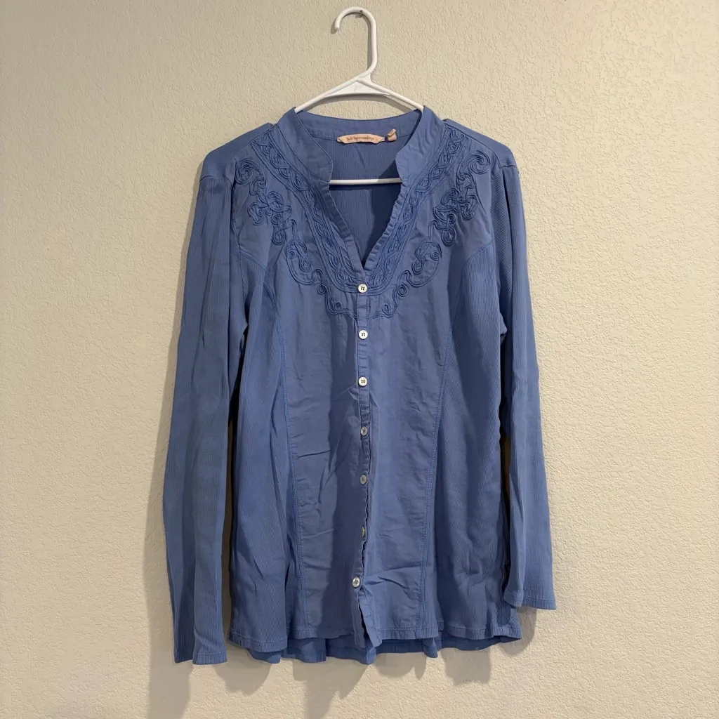 Soft Surroundings Rissani Embroidered Button-Down Tunic Top Atlantic Blue LARGE - Image 2