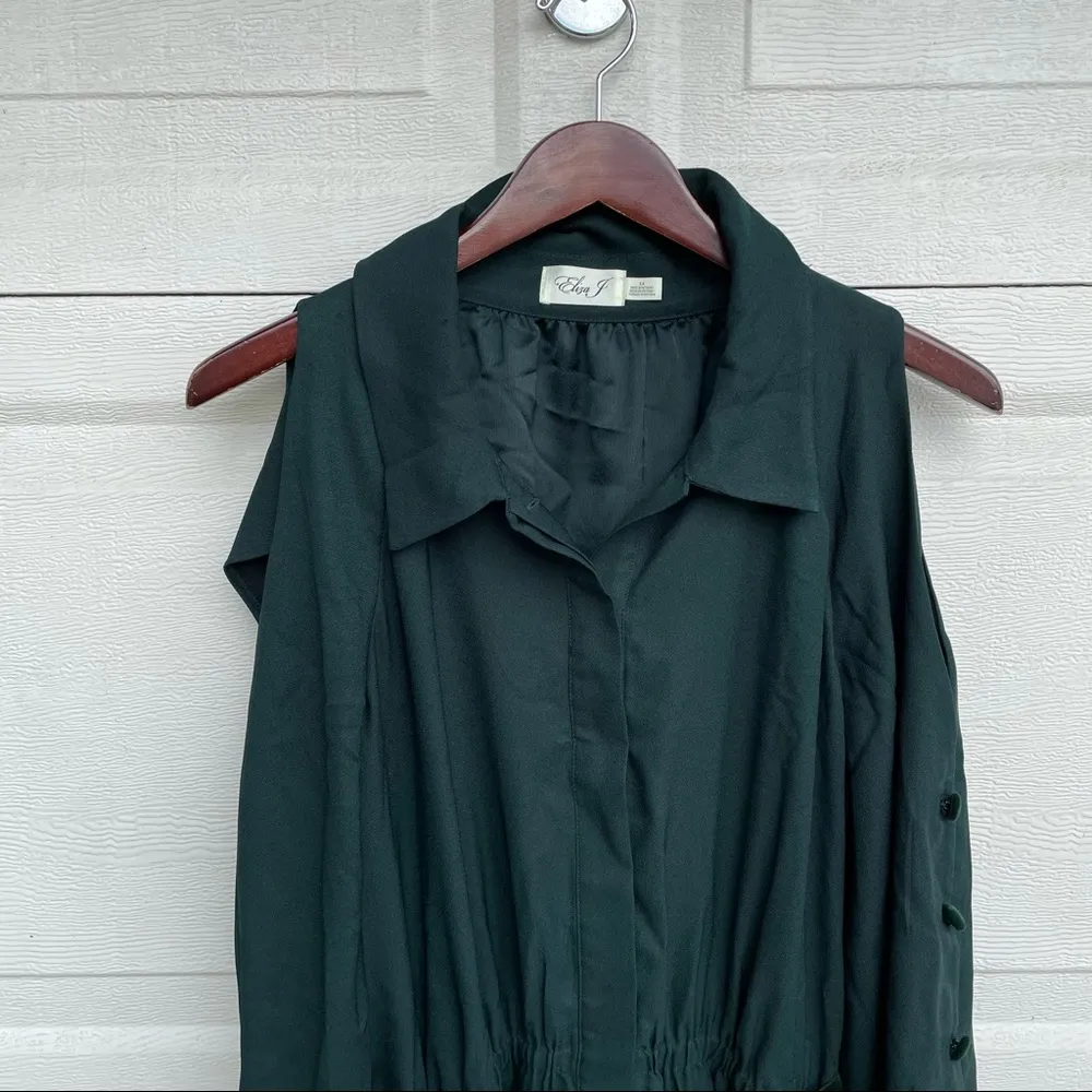 Eliza J Women’s Dress Green Button Up Tiered Cold Shoulder Belted Size 14 - Image 4