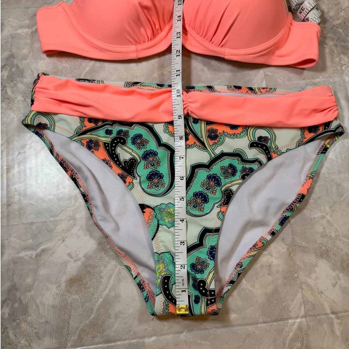 NWOT Bright Peach Paisley Bikini Set – Size Medium Padded Swimwear - Image 3