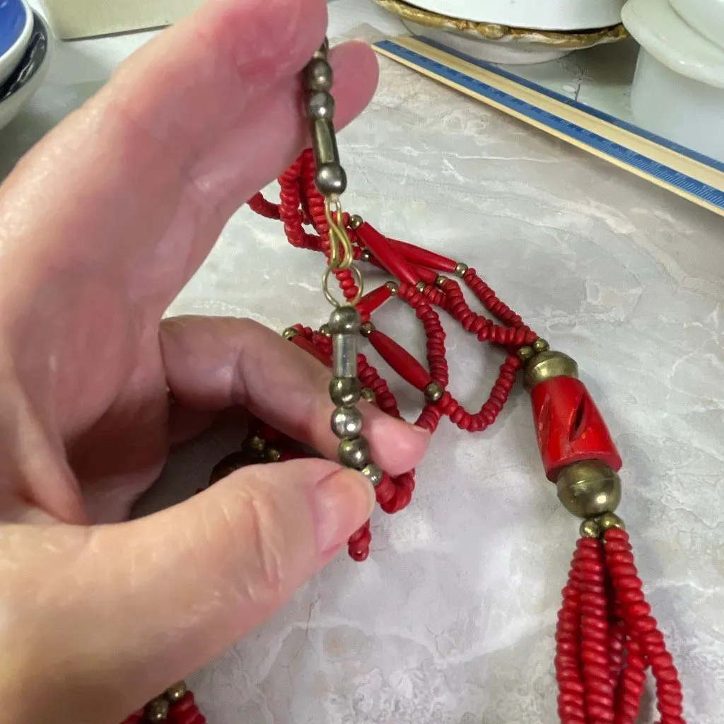 Vintage boho art to wear multi strand ceramic glass brass necklace 24”. Red - Image 3