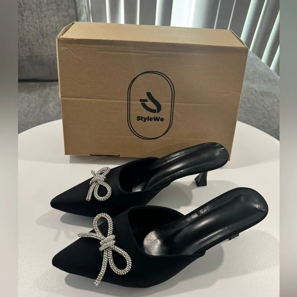 STYLEWE Elegant Black Women's Mules with Rhinestone Bow🌻 Size 8 - Image 2