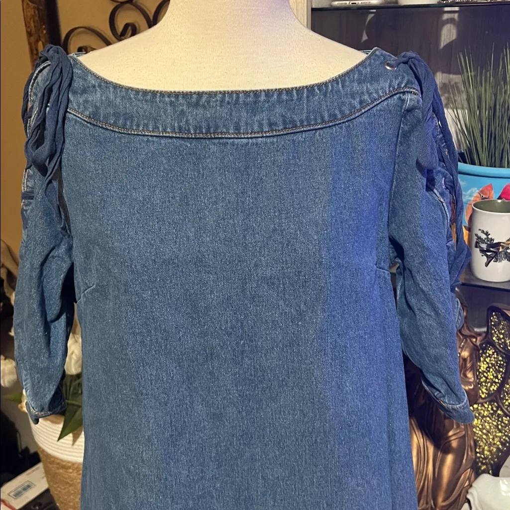 Anthropologie Maeve Denim Shift Dress Lace Up Tie Sleeves size M - Image 4