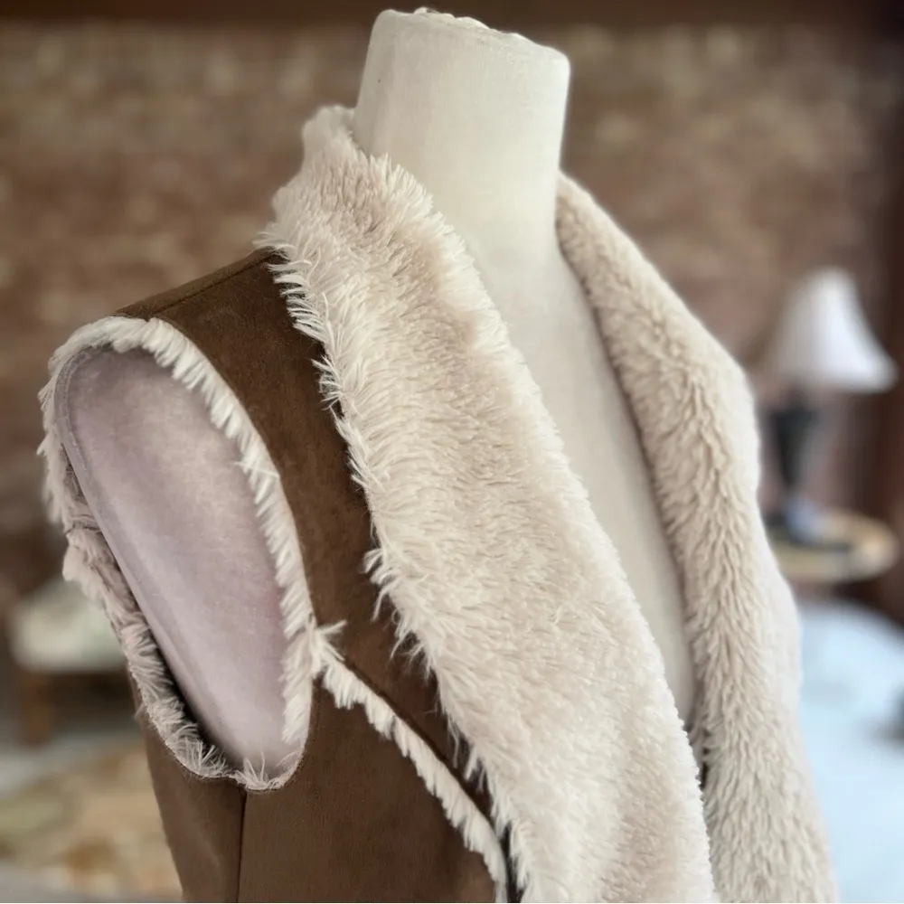 Brandon Thomas Vest Faux Fur Brown Cream Faux Suede M Shearling Chic Cozy Size M - Image 14