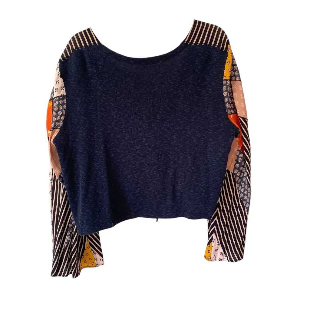 Free People Tie Front Bell Sleeve Boho Patchwork Print Top size Large Blue - Image 2