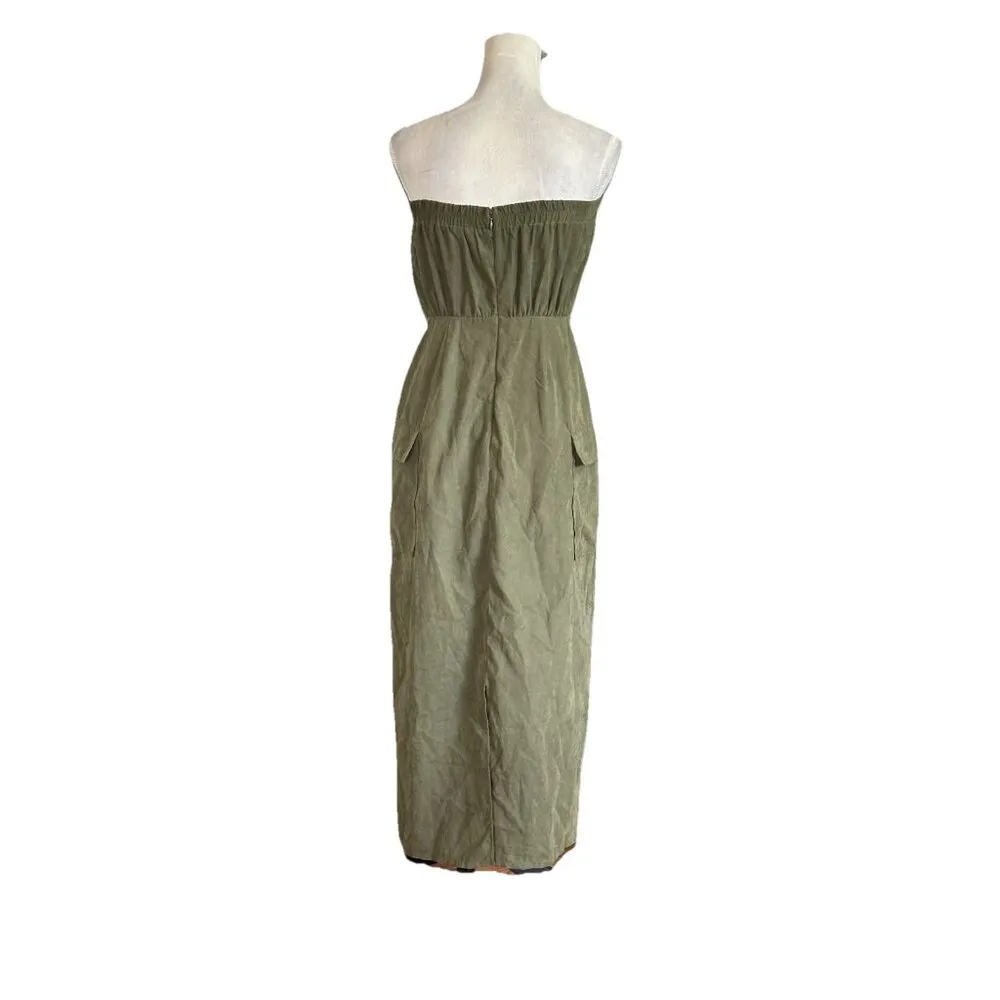 Womens Olive Green Drawstring Tube Dress Size S Cargo Pockets Back Slit Grunge - Image 4