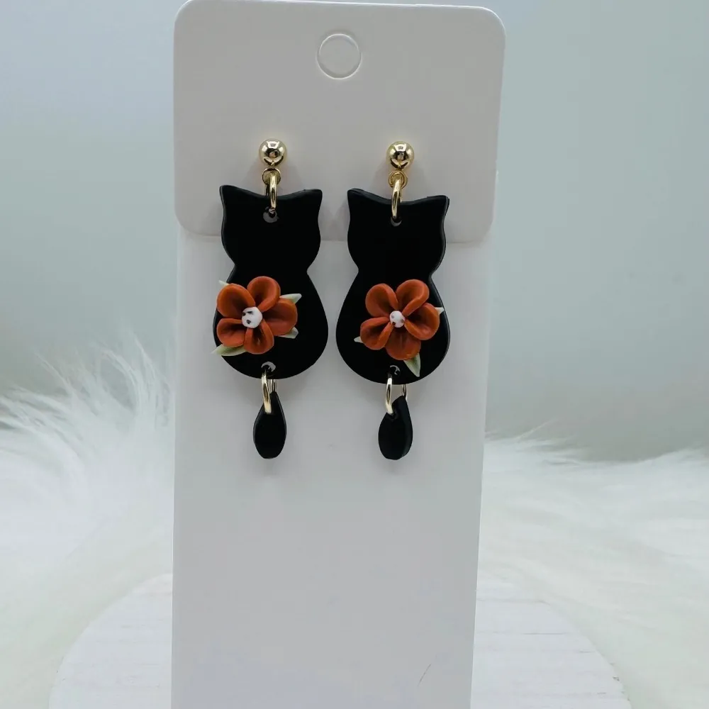 Cute Black Cat Polymer Clay Dangle Earrings - Image 2