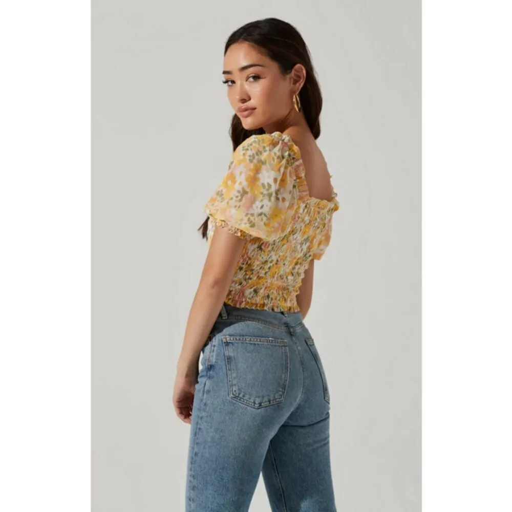💕ASTR💕 Floral Smocked Half Sleeve Top ~ Yellow Pink Floral Print Large L NWT - Image 5