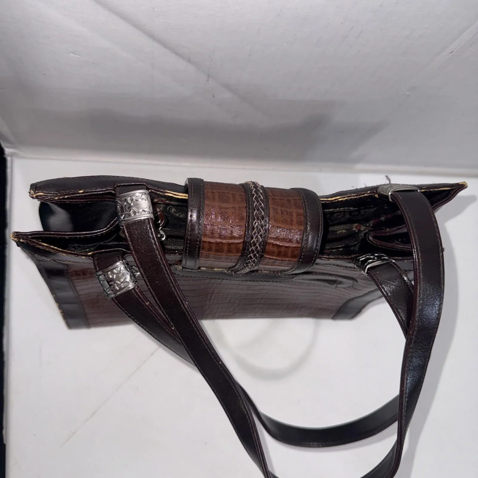 Brighton Style Gorpcore Y2K Handbag Brown Croc Leather Trim Silver Hearts Purse - Image 10