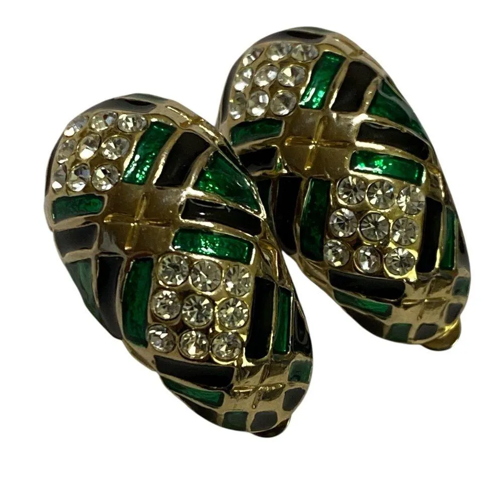 Vintage Emerald Green Enameled Crystal Clear Rhinestones Clip On Earrings - Image 2
