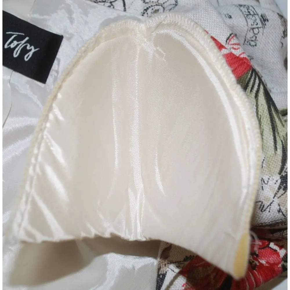 Tofy Tan Hawaiian Floral Jacket Size 8 Flax Blend Shoulder Pads Short Sleeves - Image 9