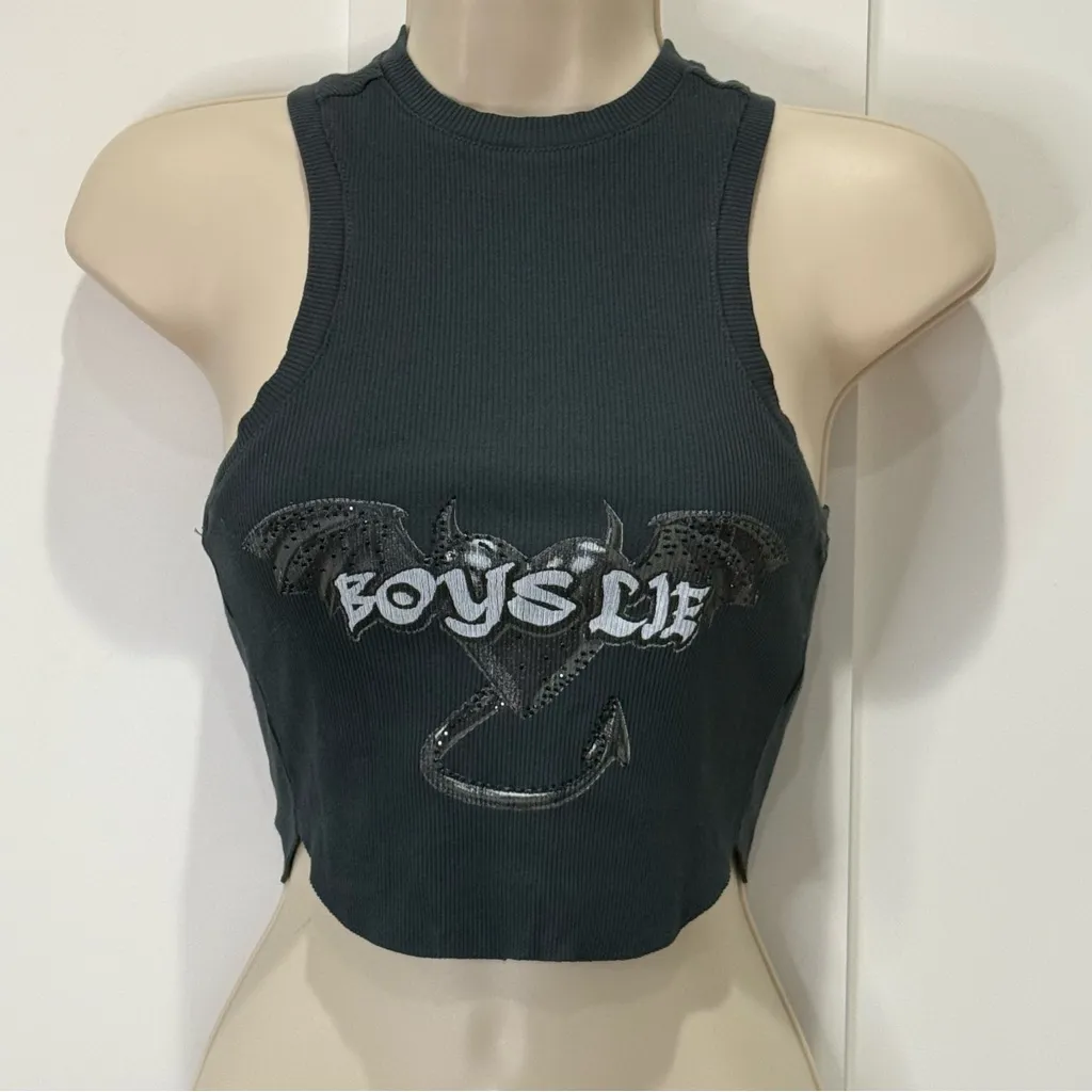 Boys Lie Tank Top One Size Black Bat Ribbed Crop Studded Gothic Y2K Streetwear - Image 4