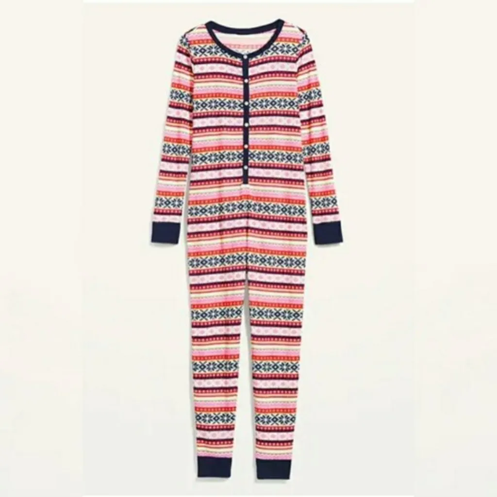 Old Navy Multicolored Patterned Holiday Winter Waffle-Knit One-Piece Pajamas - Image 2