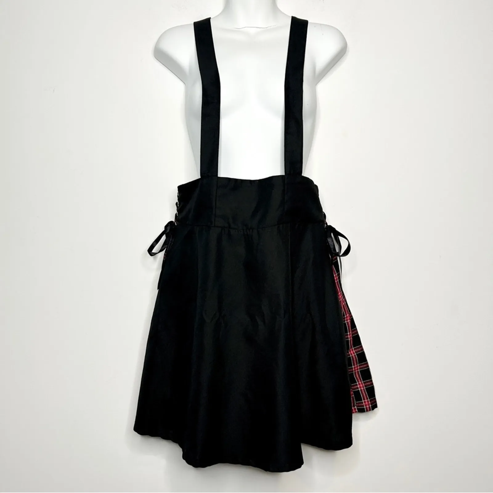 HOT TOPIC Suspender Skirt Size Medium Plaid Lace Up Emo Punk Skater Grunge Alt - Image 3