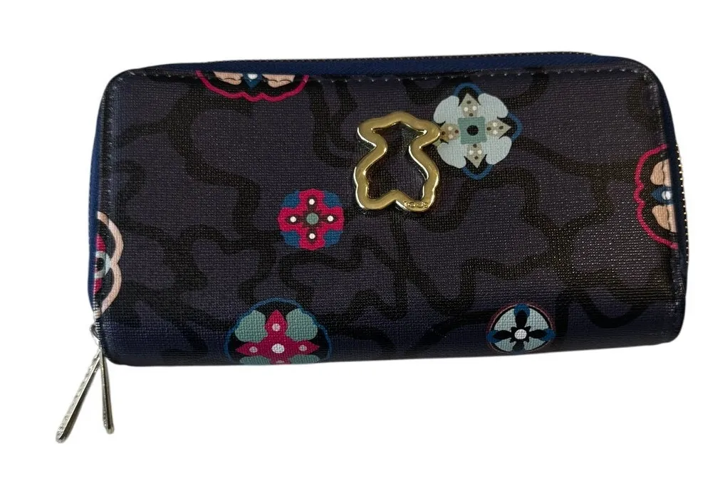 TOUS Floral Print Zip-Around Wallet – Navy Multicolor – Double Zip Organizer - Image 1