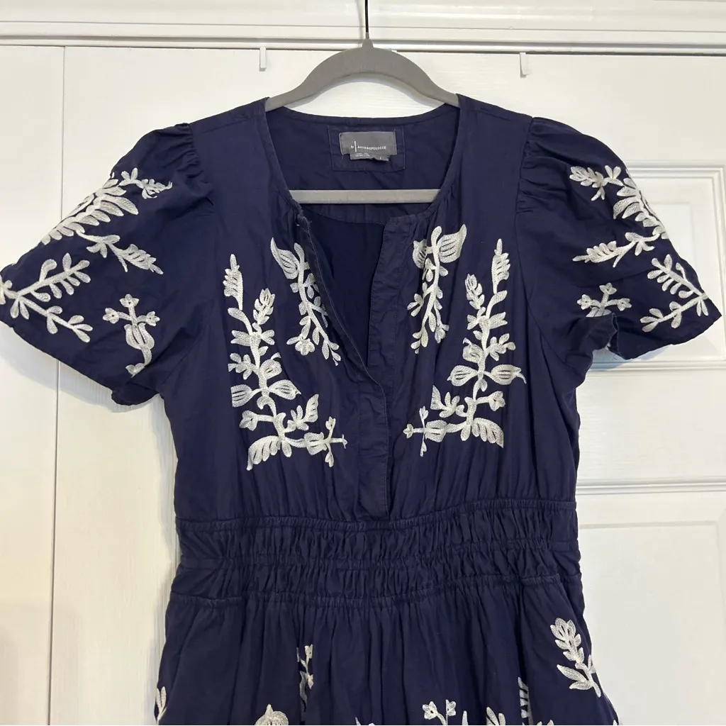 Anthropologie Somerset Blue Embroidered Tiered Short Sleeve Maxi Dress L - Image 4