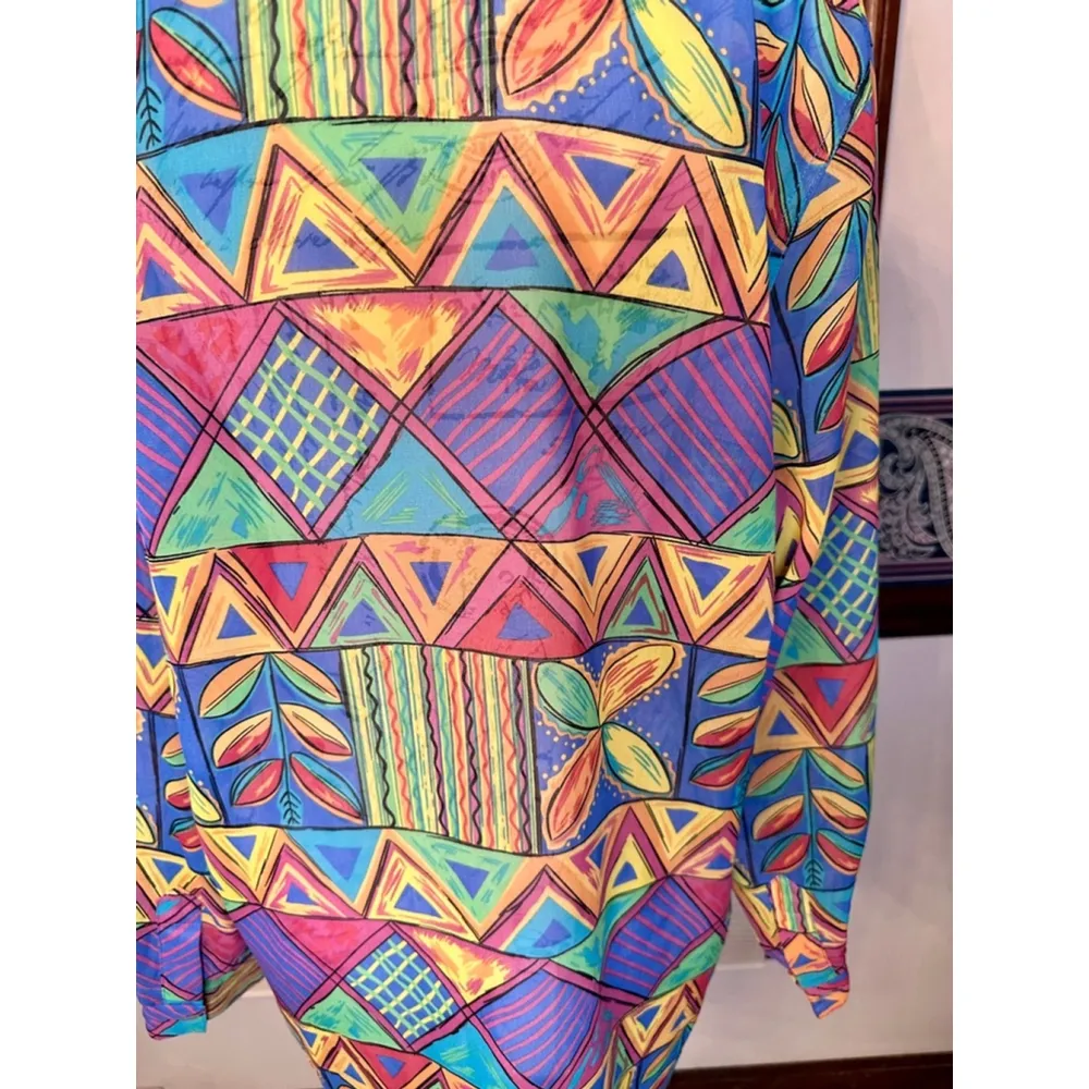 Vintage Coconut Row Palm Beach Large 80’s Pattern Sheer Silk ButtonUp Longsleeve Green - Image 9