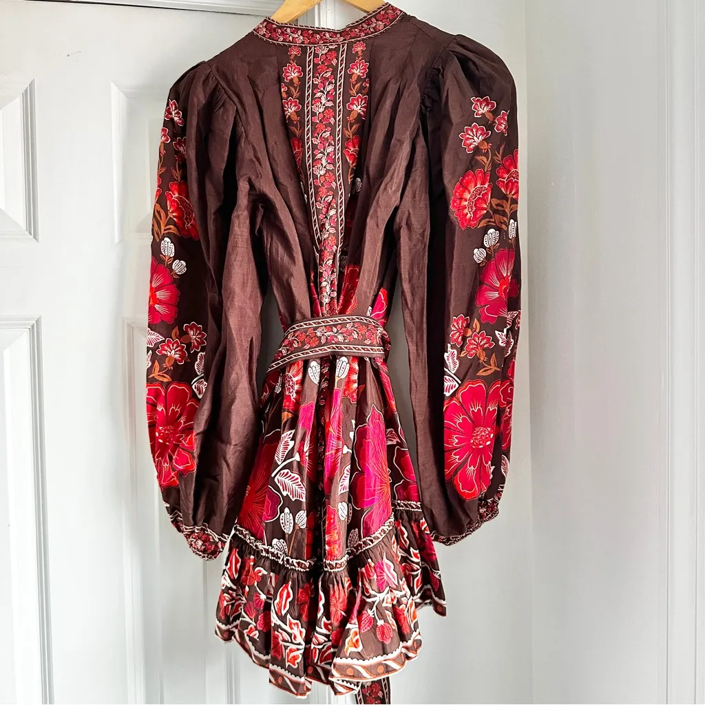 NWT Farm Rio Gigi Tapestry Belted Mini Dress Floral Brown and Red - Image 4