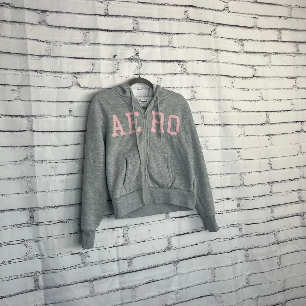 Aeropostale Sport Hoodie Women’s M Gray Sherpa Lined Zip Up Sweatshirt Pink Logo - Image 3