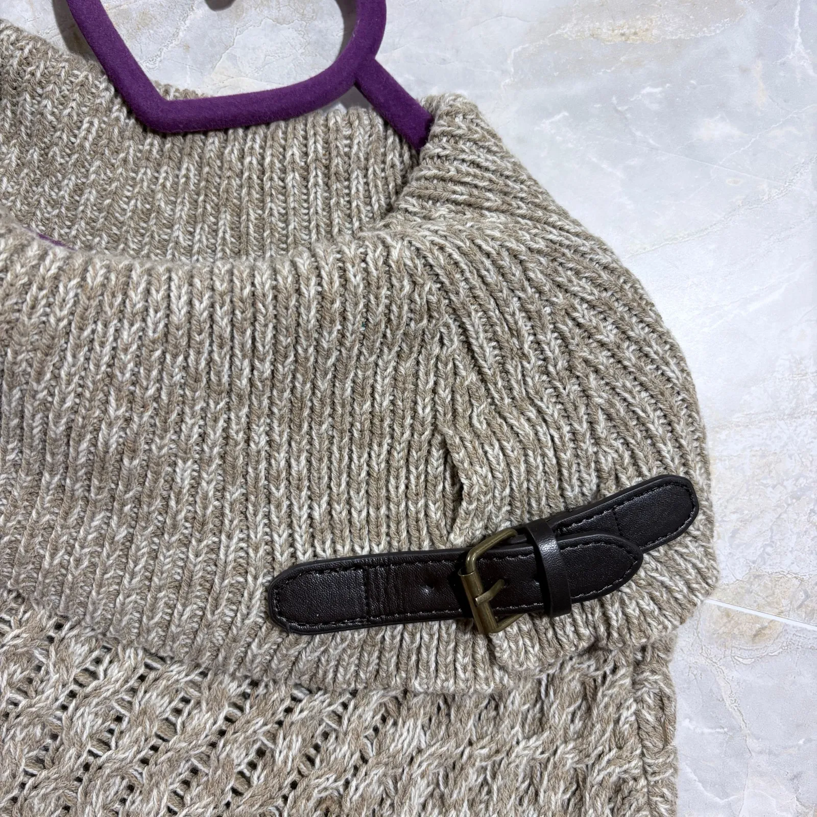 Neutral Beige Y2K Womens Poncho Ruana Weave Knit Minimalist Preppy One Size NEW Brown - Image 2