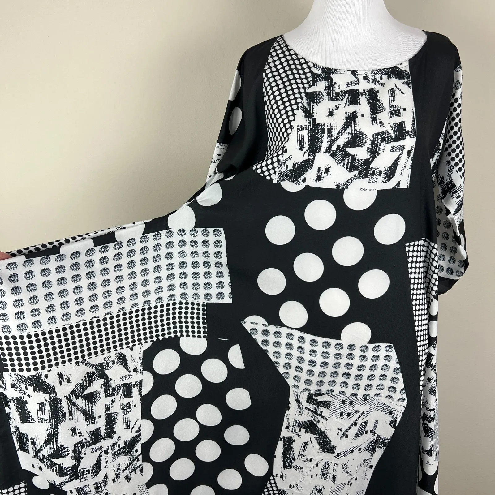 Caara Krefeld Midi Dress Small Scarf Print Asymmetric Artsy Lagenlook Oversized Black - Image 7