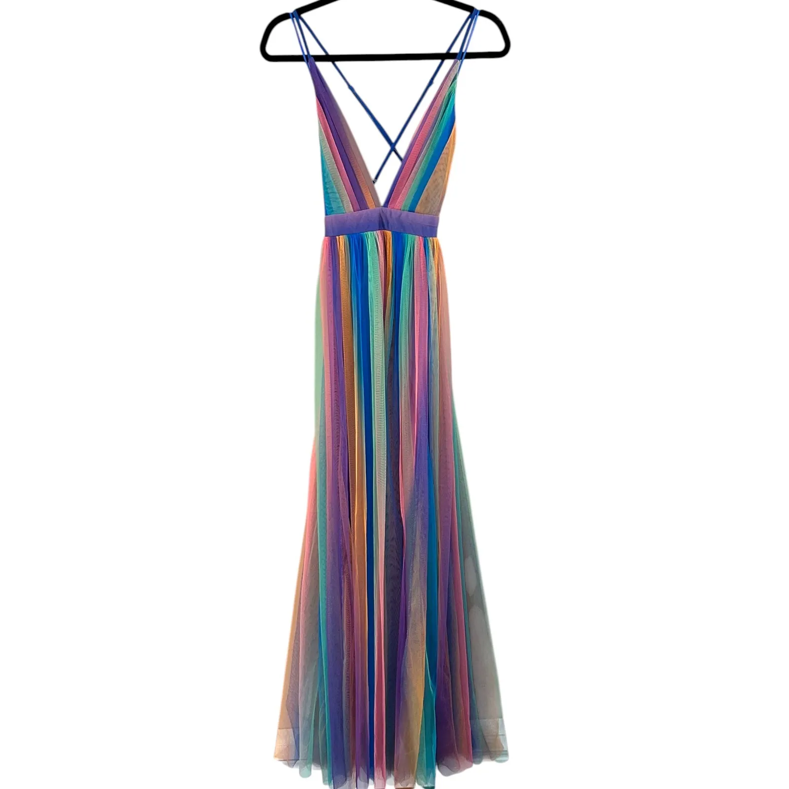 LUXXEL Vici Rainbow Tulle Lined Halter Crisscross V Neck Maxi Dress‎ Size Small - Image 2