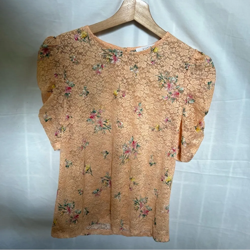 floral lace short puff sleeve mesh top orange size small - Image 9