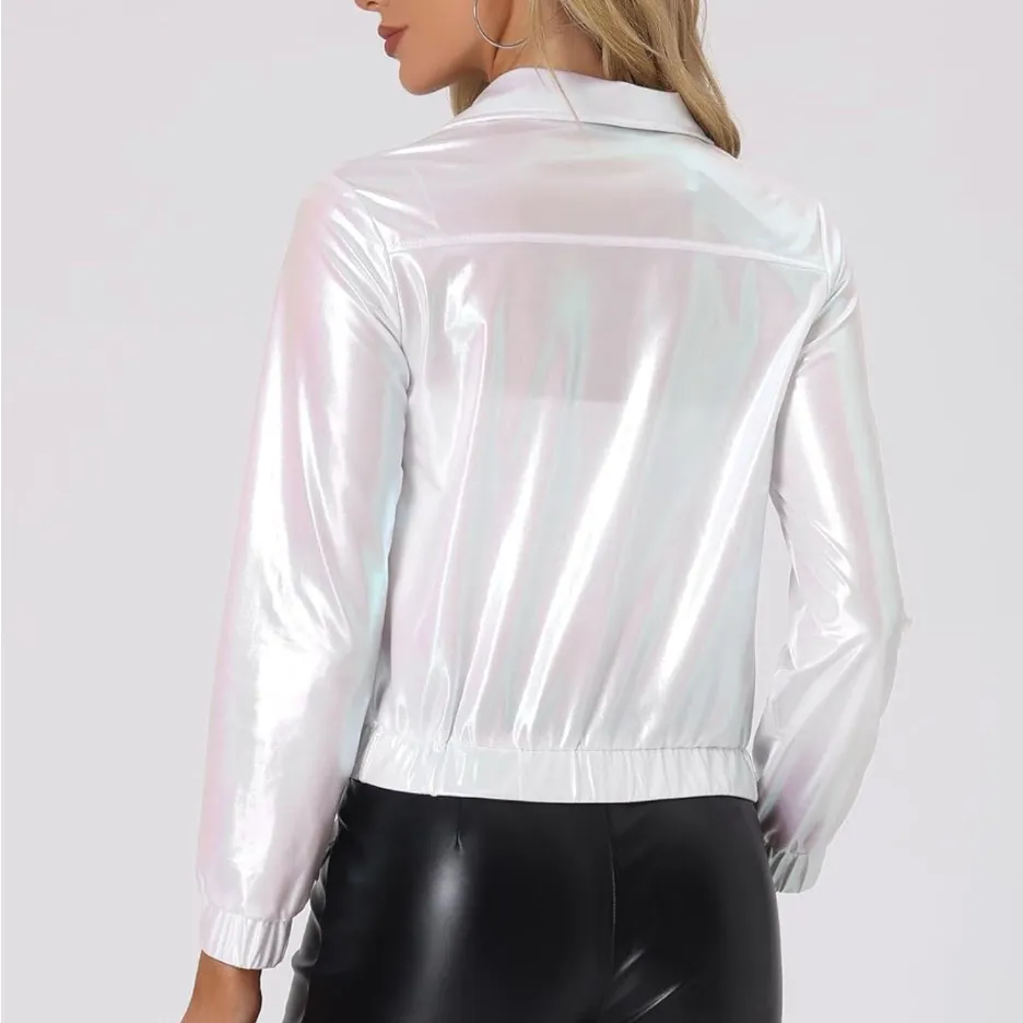 NWT Allegra K Women’s Holographic Metallic Zip-Up Jacket - Medium - Image 4
