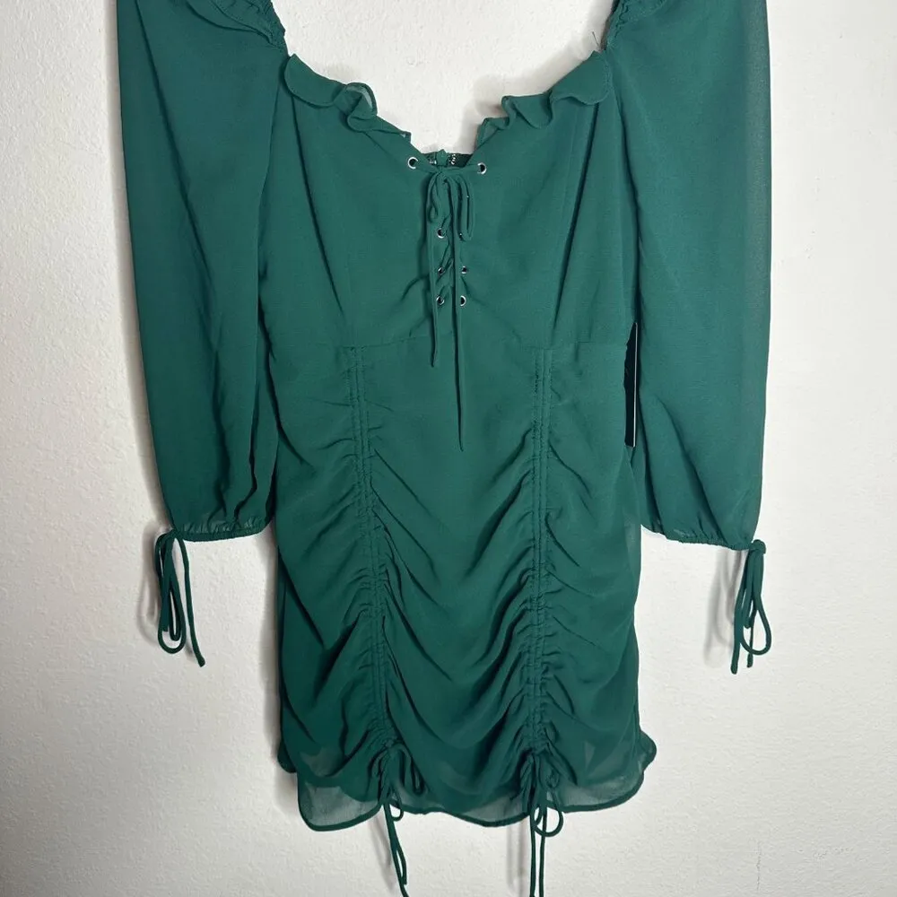 NWT Lulus It Happened in Dublin Forest Green Ruched‎ Lace-up mini dress Sz XS - Image 5