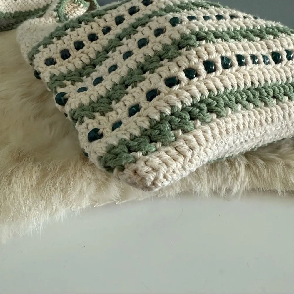 Crochet Beaded Hand Woven Shoulder Bag Green - Image 13