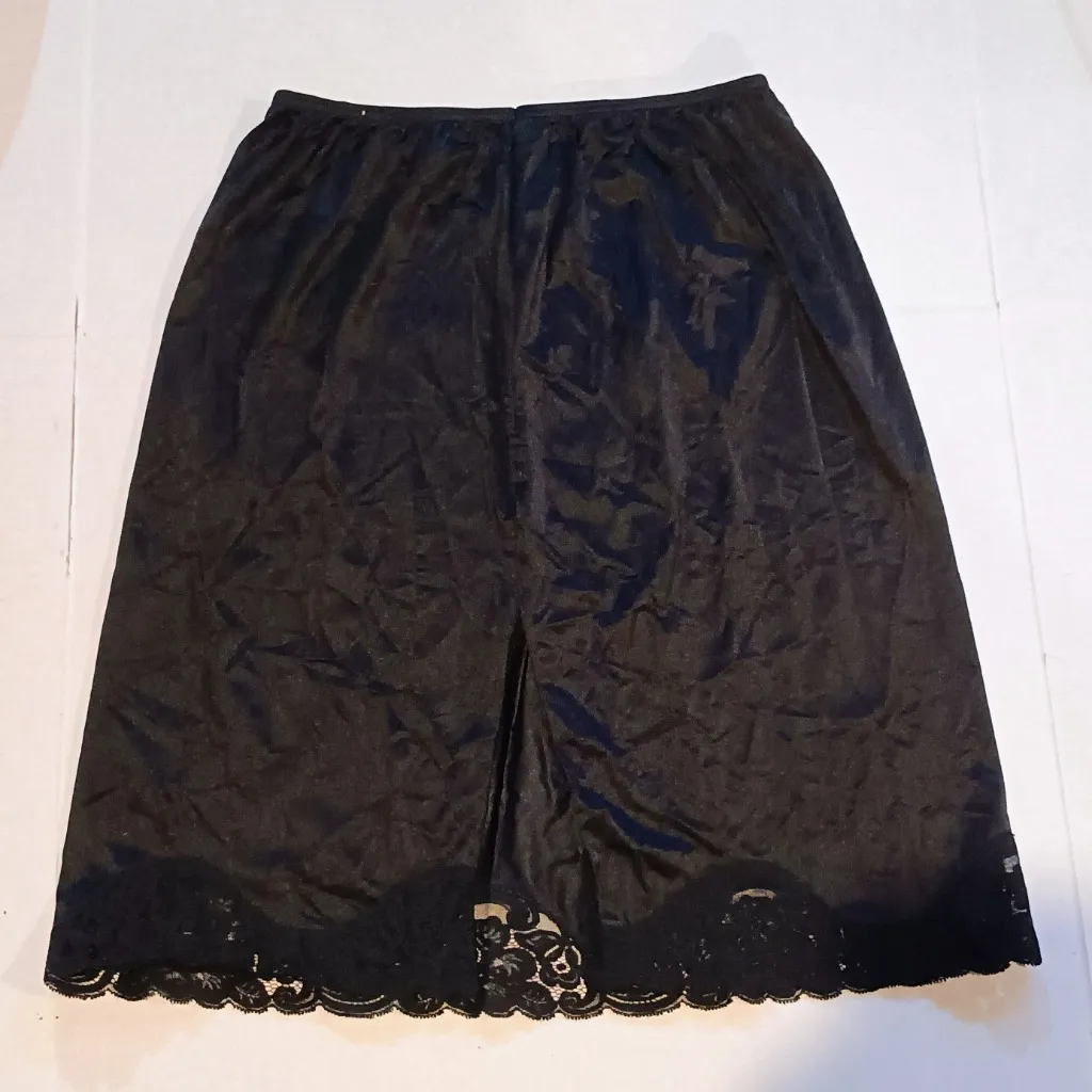 Vintage Vanity Fair Black Half Slip-Large-Lace Trim-Elastic Waist-Slit-Skirt - Image 4