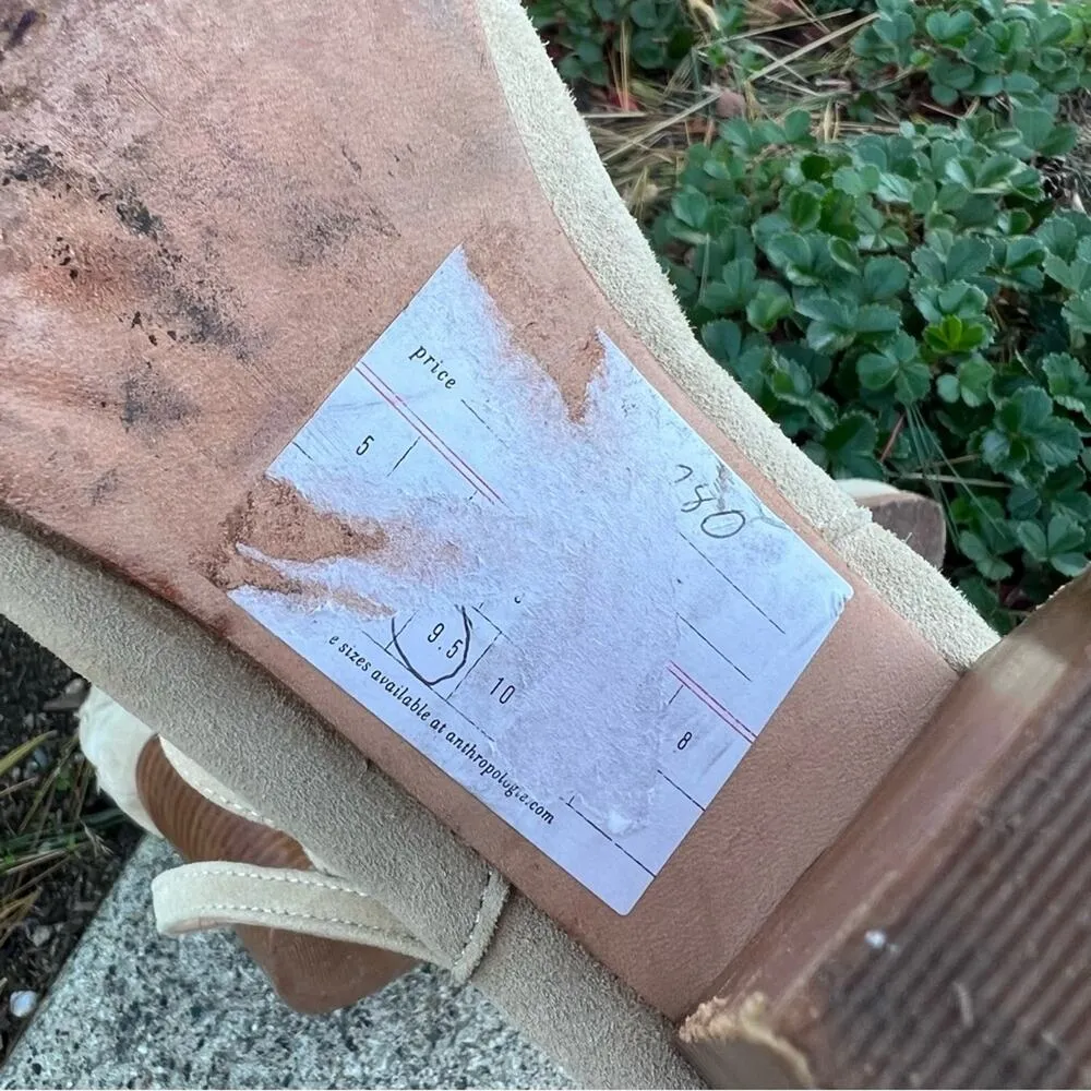 Anthropologie Beige Suede Wrapped Strap Stacked Heel Leather Booties 9.5 - Image 6