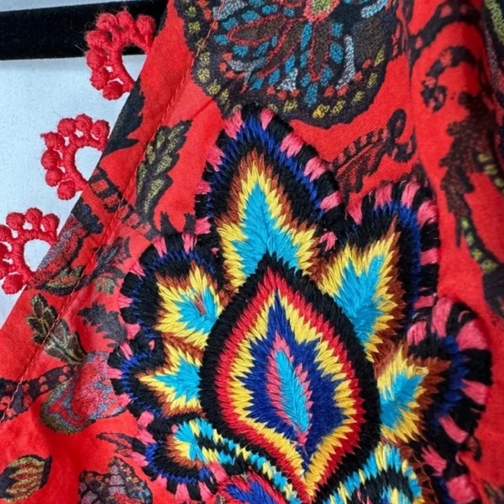 Farm Rio x Anthropologie One Shoulder Crop Top Puff Sleeve in Red Motif NWT $158 - Image 7