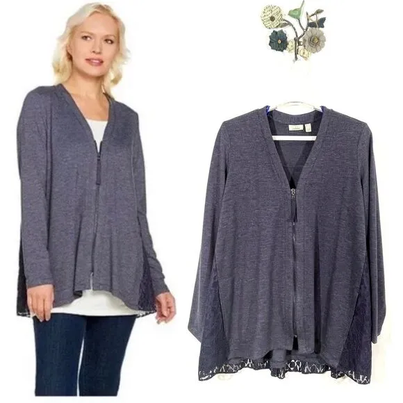 LOGO Lounge by Lori Goldstein Zip Front Cardigan Lace Back Blackberry Medium - Image 2