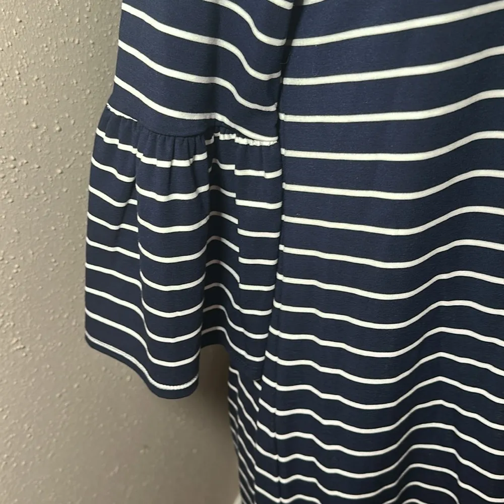 White House Black Market WHBM Navy Blue White Striped Bell Sleeve Dress Medium - Image 7
