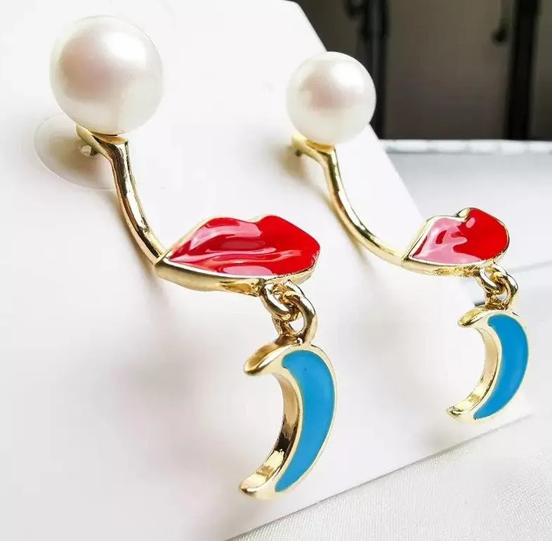Red Lips Moon Pearl Stud Drop Earrings Gold - Image 3